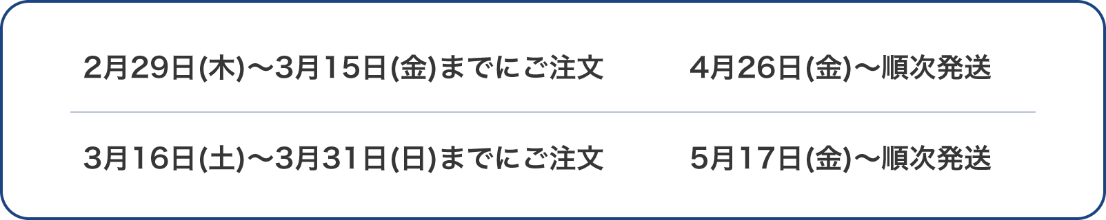 2月29日(木)～3月15日(金)までにご注文 4月26日(金)～順次発送 3月16日(土)～3月31日(日)までにご注文 5月17日(金)～順次発送